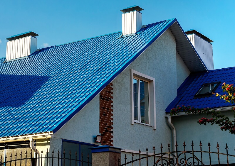 Bright blue roof color example on a residential home