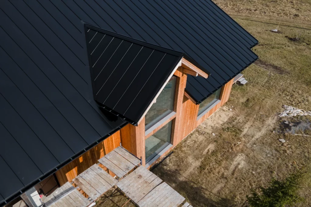 High angle beautiful wooden house with metal roof