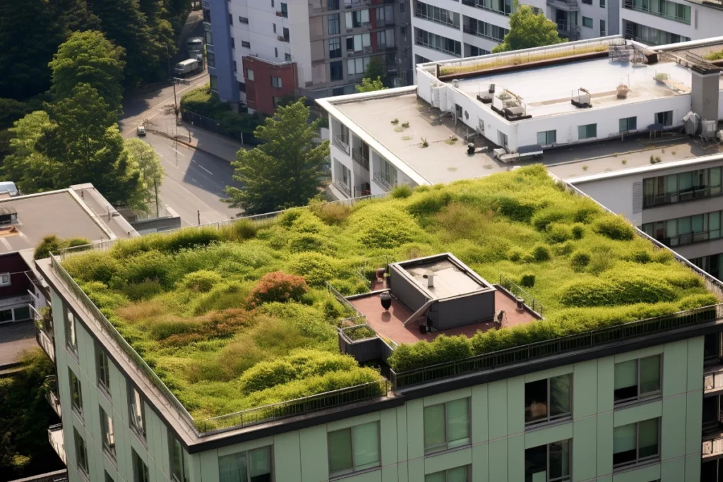 Residential building featuring a green rooftop viewed from above