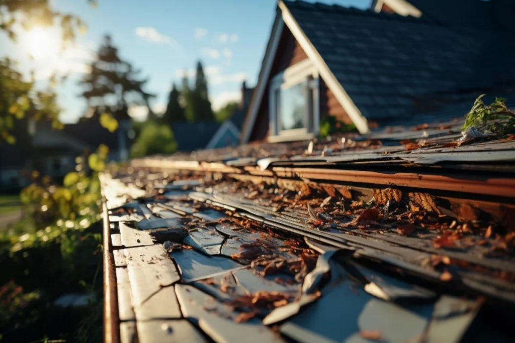 Parts of a roof include decking, underlayment, shingles, gutters, and downspouts.