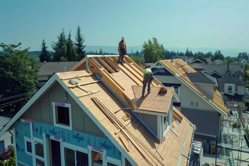A construction crew is installing a new roof on a large house in Lakeland.