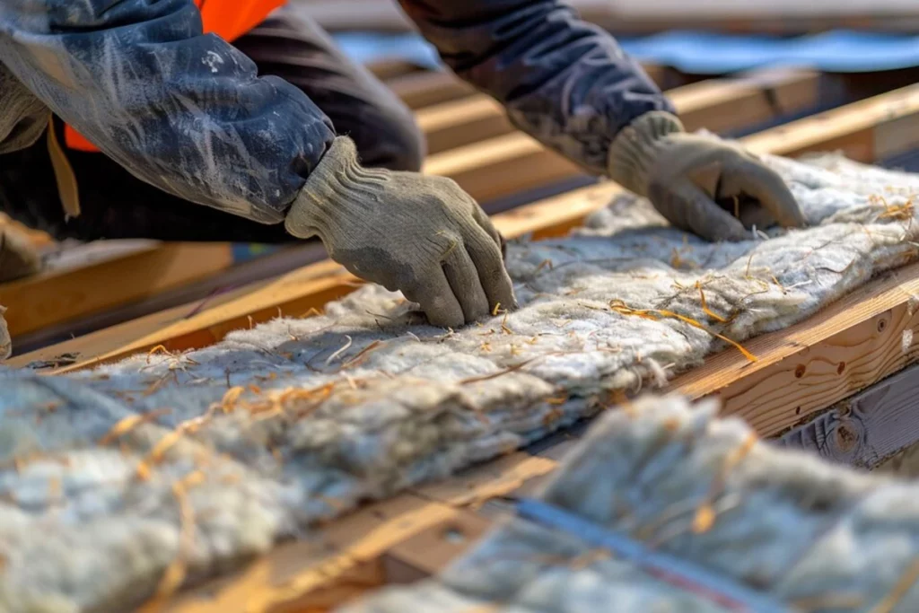 construction worker installing roofing insulation