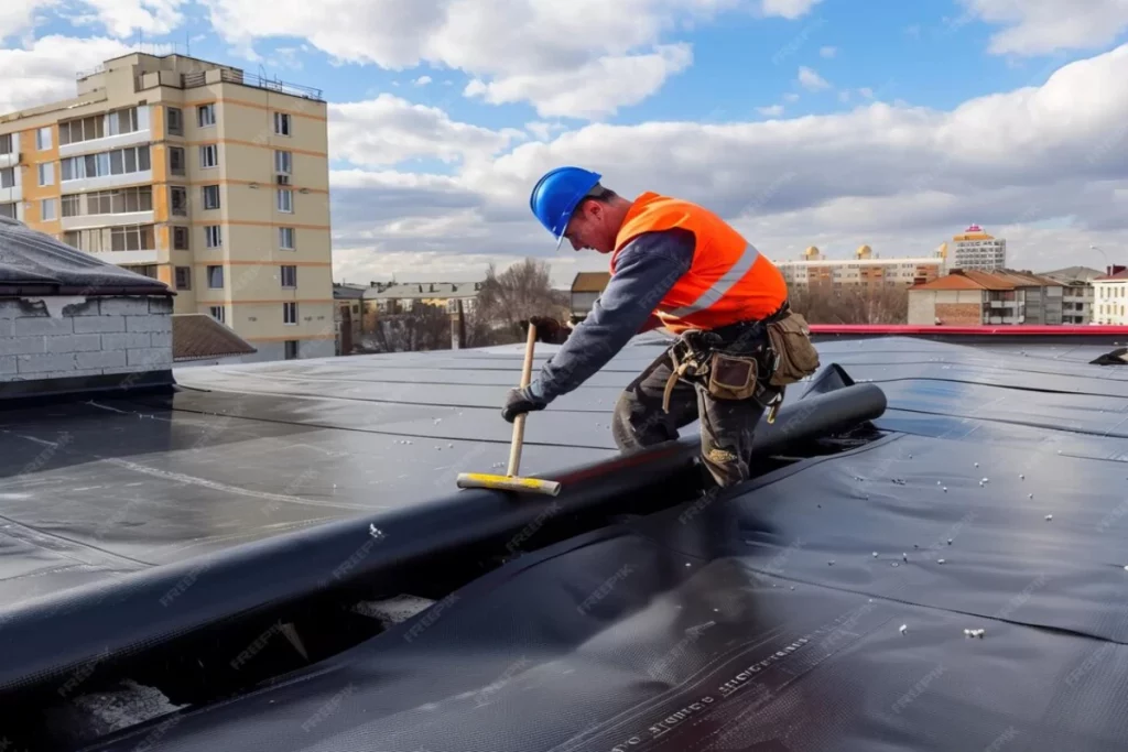 A man wearing an orange vest is working on a flat roof