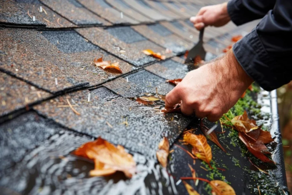 A mans hand cleaning leaves in a rain gutter on a roof cleaning dirty gutters