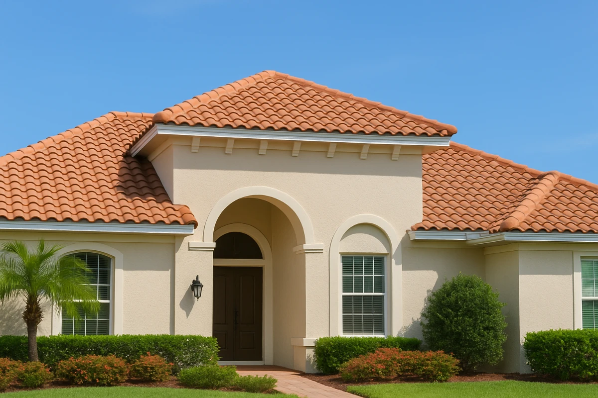 Mediterranean-style home with terracotta barrel tile roof, cream stucco walls, arched entry, and palm landscaping under a clear blue sky.