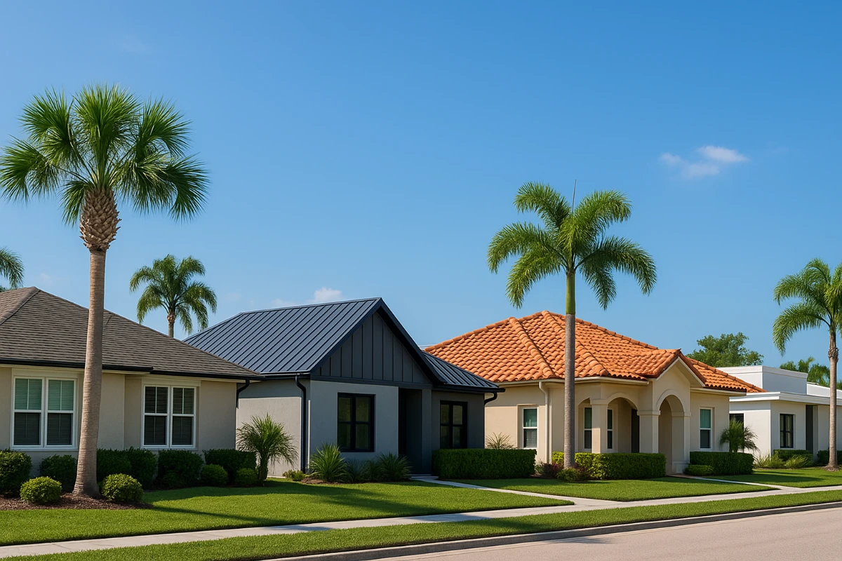 A row of houses with varying roof types, featuring palm trees in front, creating a tropical neighborhood scene.