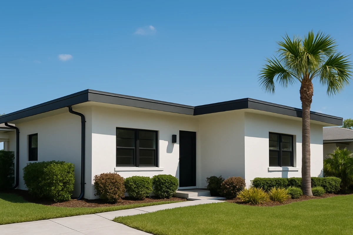 Single-story white stucco house with a flat roof, dark trim, palm tree, neat shrubs, and a bright blue sky.
