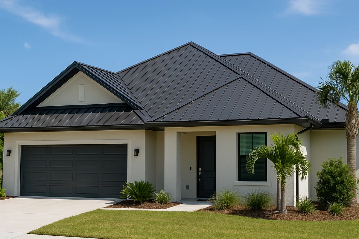 A house featuring a metal roof and an attached garage, showcasing a modern architectural design.