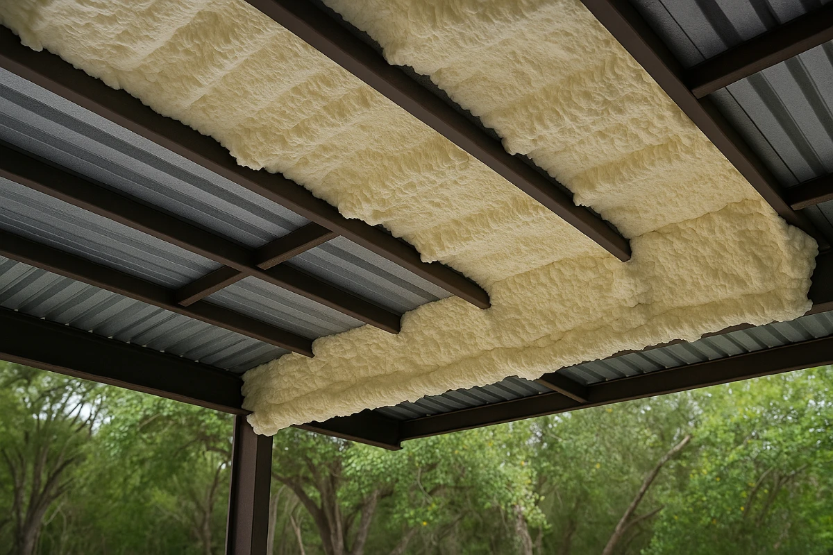 Spray foam insulation applied beneath a metal roof with visible support beams and trees in the background.