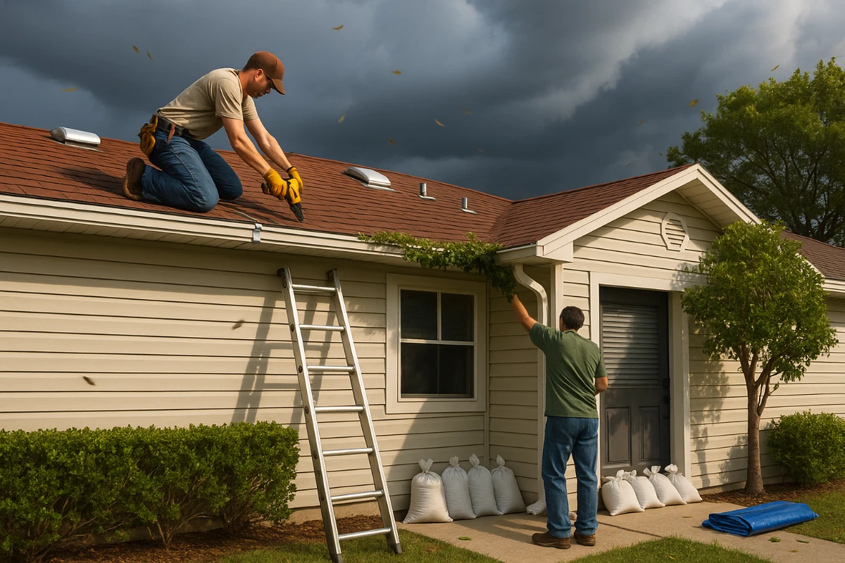 Homeowners secure shingles and clear gutters as dark storm clouds build before hurricane season.