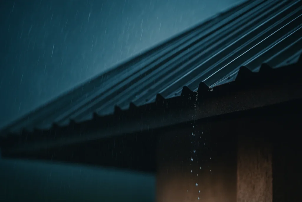 Water drips from the roof edge during heavy rain.