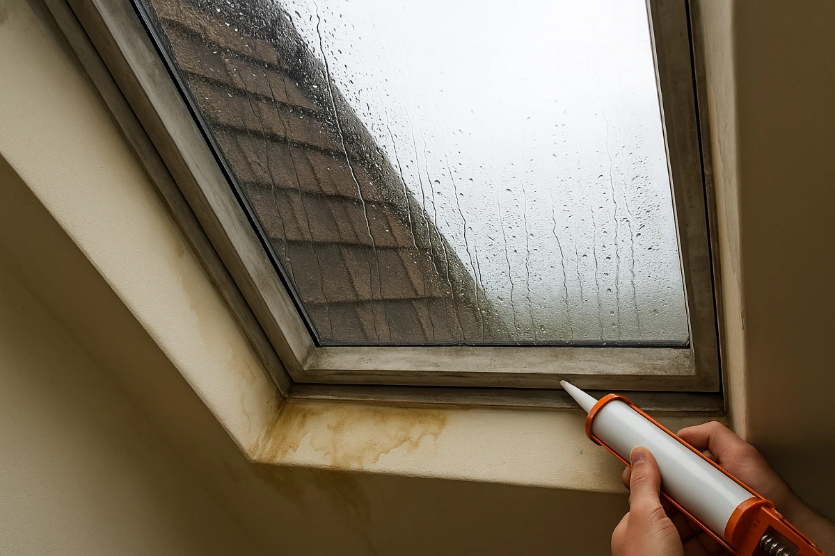 Close-up of a skylight with water stains and condensation, showing a person applying sealant with a caulking gun to fix a leak.