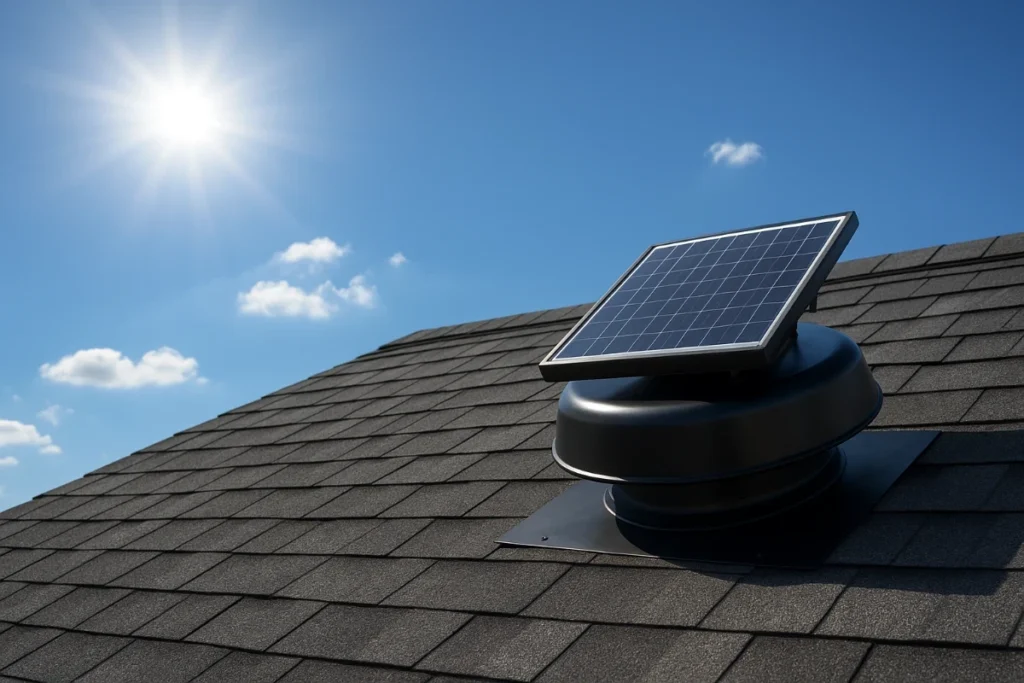 A solar attic fan installed on a shingle roof, designed to reduce attic heat and improve ventilation during sunny Florida days.