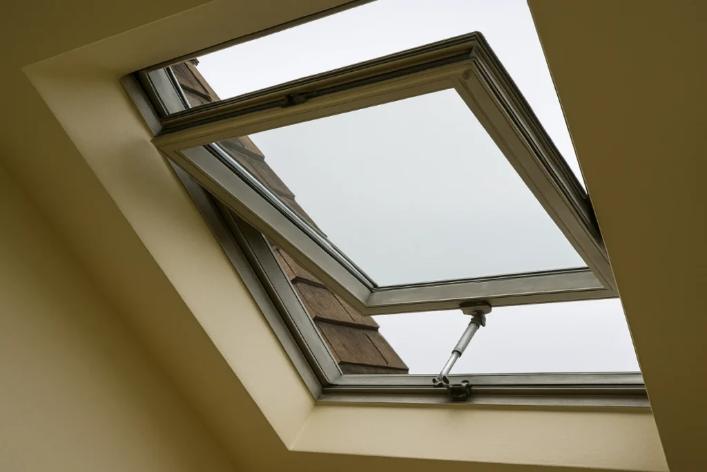 Interior view of an open venting skylight with a metal frame and glass panel, showing the hinge mechanism and roof shingles outside.