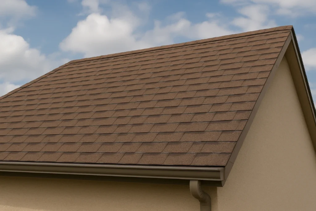 A close-up of a sloped roof with brown asphalt shingles under a partly cloudy sky