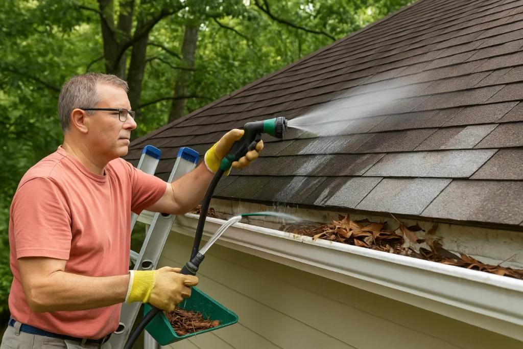 A homeowner on a ladder uses a garden hose to gently rinse algae streaks from asphalt shingles while clearing leaves from a clogged gutter, surrounded by leafy trees