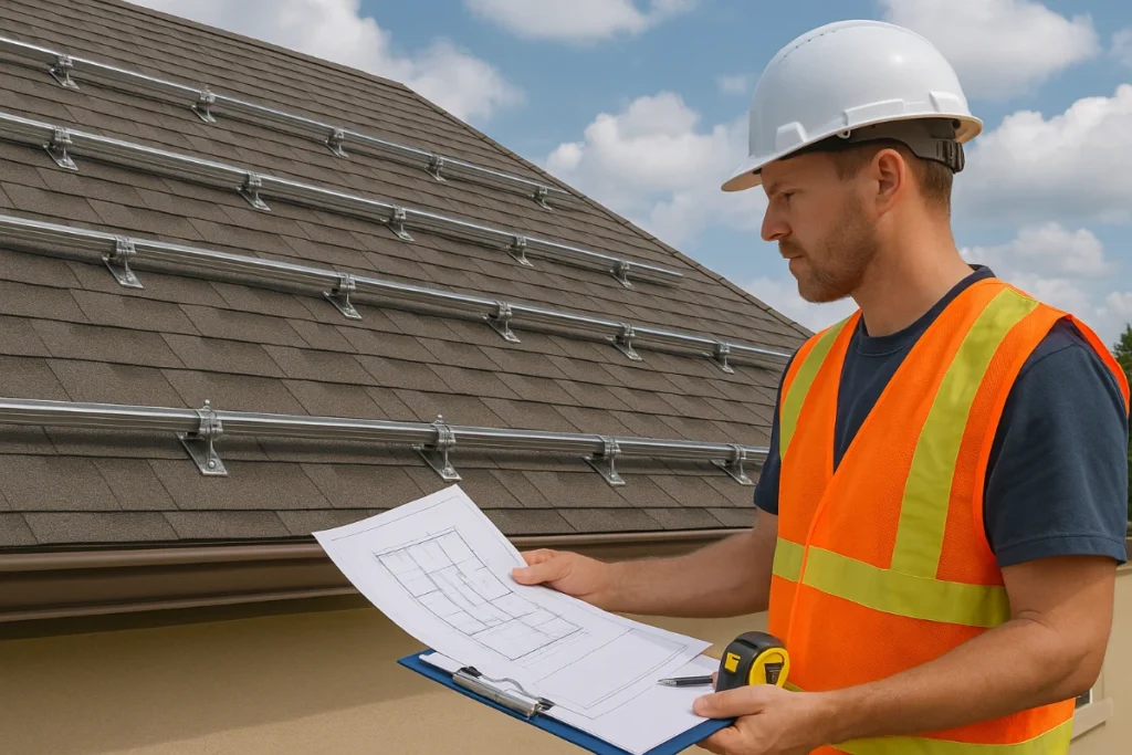 A construction inspector in a hard hat reviews blueprints beside a roof with mounted racking under a clear sky.